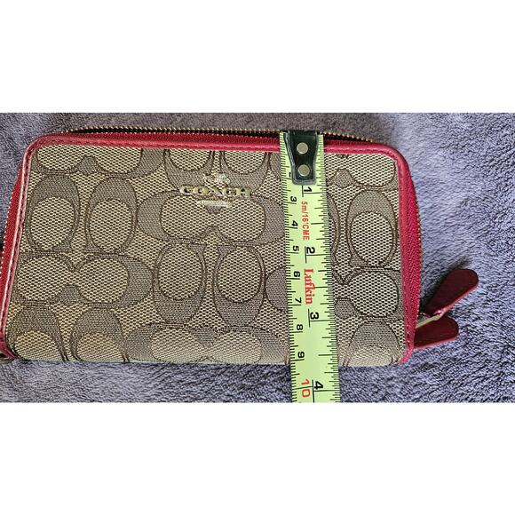Coach Zip Around Wallet, Two Sections, Brown Signature Fabric with Red trim - Picture 6 of 6